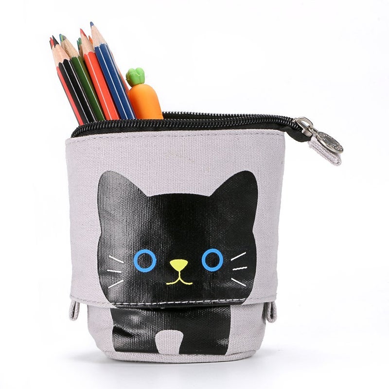 Ytuomzi Telescopic Pencil Pouch Standing Pen Holder Cute Pencil Bags Stand Up Pen Case Cartoon Pencil/Pens Storage Box Canvas+PU Stationery Organizer Makeup Bag with Zipper Closure (Gray) - Image 5